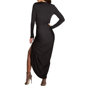 Elegant black long sleeve bodycon dress with high slit back view for women
