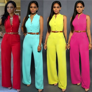 Women's V-neck sleeveless high waist wide leg jumpsuit with button front and thin belt