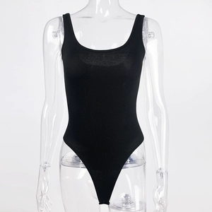 Detailed view of black ribbed knit bodysuit featuring a wide strap U-neckline and high stretch