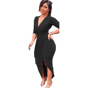 Slim fit black long sleeve V-neck dress with ruched waist and side slit detail