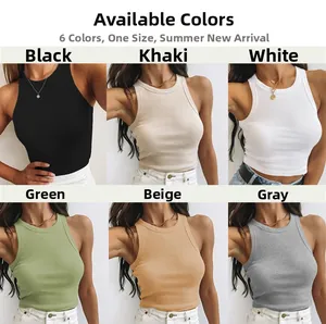 Vue détaillée de six crop tops côtelés en blanc noir gris kaki vert et couleur camel