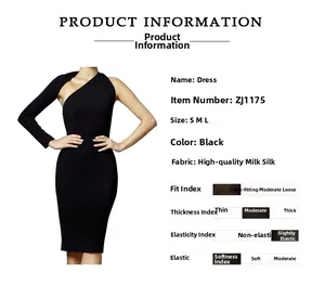 Detail view of one-shoulder slim fit black dress made from premium milk silk fabric
