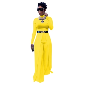 Women long sleeve turtleneck wide leg jumpsuit with split skirt overlay in yellow