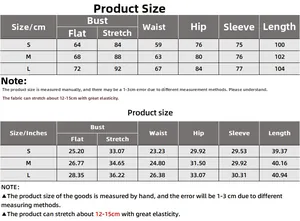 Detailed size chart in CM and Inches for slim fit long sleeve dress with stretch info