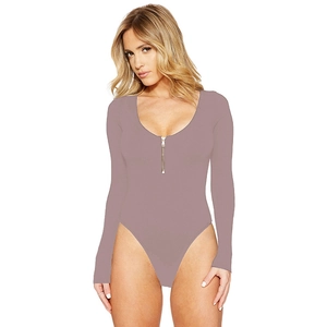 Detail of mauve long sleeve bodysuit featuring front zipper and deep scoop neckline