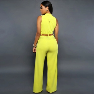Bright yellow high waist sleeveless wide leg jumpsuit with decorative brown belt back view