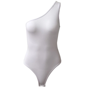 White one-shoulder slim-fit bodysuit for women featuring a minimalist high-cut design