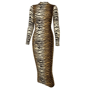Robe longue moulante à manches longues avec imprimé tigre et col montant femme