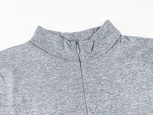 Close-up of the metal half-zipper and mock neck detail on the heather gray bodysuit