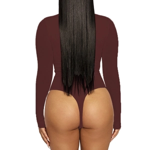 Detail view of burgundy long sleeve bodysuit with high cut thong base for slim fit