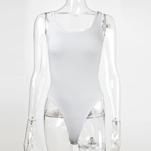 Close-up of white ribbed knit sleeveless bodysuit with a U-neckline and high-cut leg design