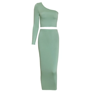 Chic two-piece set featuring a one-shoulder crop top and matching high-waist maxi skirt