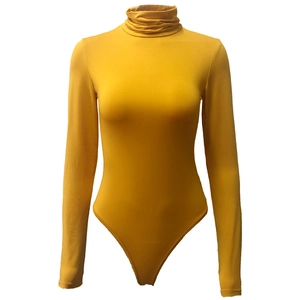 Slim fit long sleeve turtleneck bodysuit in vibrant ginger yellow with ribbed texture