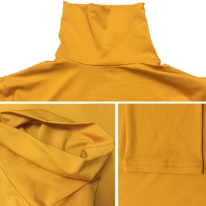 Mustard yellow high neck long sleeve knit dress with detailed twin-needle stitching