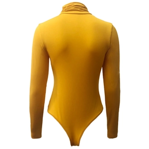 Rear view of ginger yellow turtleneck bodysuit with long sleeves in slim fit knit fabric