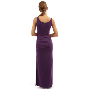 Detailed back view of purple sleeveless maxi dress featuring ruched waist and side slit