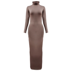 Slim fit brown high neck long sleeve maxi dress for women in soft stretch knit fabric