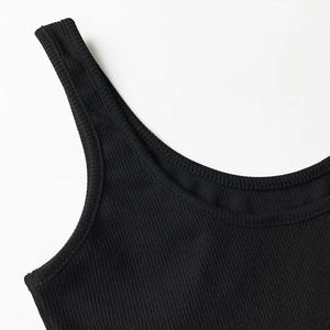 Close-up of the ribbed knit fabric texture and high-quality round neckline of this black bodysuit