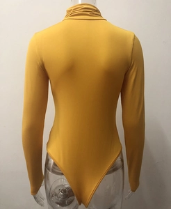 Detailed back view of a mustard yellow turtleneck bodysuit with slim fit and snap closure
