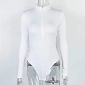 Detailed view of white long sleeve bodysuit featuring half-zip and mock neckline