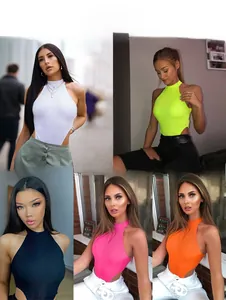 Collage détaillé d'un body côtelé à licou disponible en cinq couleurs d'été vibrantes