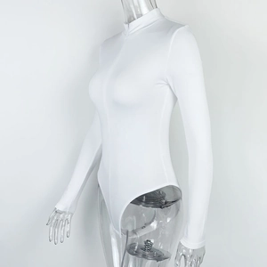 Close-up of white slim-fit bodysuit featuring a stand collar and front zipper detail