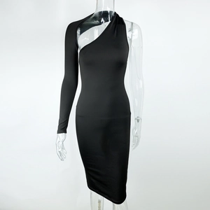 Detail of black one-shoulder midi bodycon dress with long sleeve and silky finish