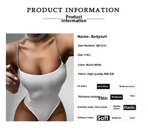 Detail info chart for slim fit bodysuit with rhinestone straps and soft fabric