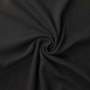 Close-up of black ribbed knit fabric showing vertical stripes and elastic texture