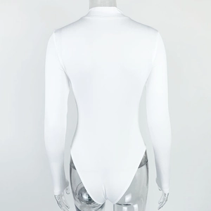 Rear view of high-neck white long sleeve bodysuit with slim fit and seamless silhouette