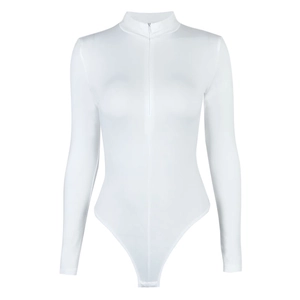 Slim fit white long sleeve bodysuit with mock neck and front zipper closure