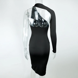 Detail of slim-fit one-shoulder dress featuring an asymmetrical open back design