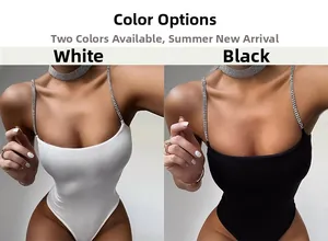 Detail of rhinestone chain straps on white and black slim fit bodysuit tops