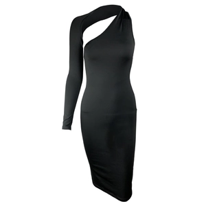 Slim fit black one-shoulder midi dress with long sleeve and cutout neckline detail