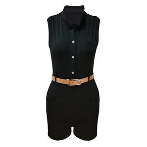 Women's summer black sleeveless romper with brown leather belt and white buttons