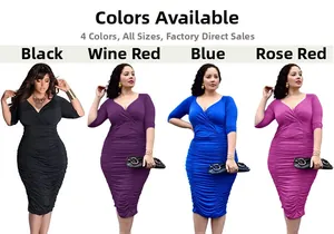 Detail view of V-neck plus size ruched dress in black, wine red, blue, and rose red colors