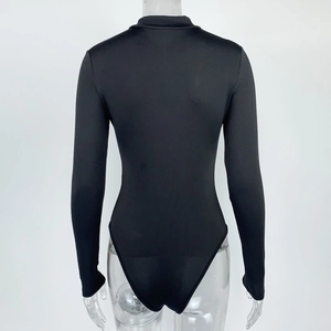 Back view of sleek black long sleeve bodysuit with mock neck and high cut design