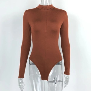 Detailed view of caramel brown bodysuit with zip-up collar and smooth stretchy fabric