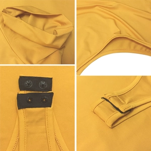 Yellow turtleneck long sleeve bodysuit with knit texture and snap closure details