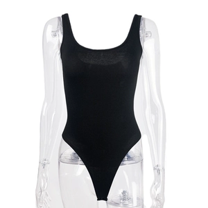 Classic black ribbed knit bodysuit featuring a U-neck sleeveless design on white backdrop
