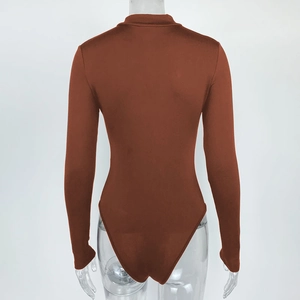 Rear view of brown long sleeve bodysuit with high neck and slim fit on mannequin