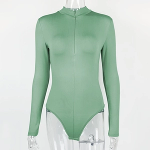 Detail of sage green long sleeve bodysuit featuring front zipper and stand collar