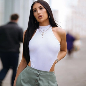Body Sexy Dos Nu Coupe Haute pour Femmes en Maille Côtelée de Coton Coupe Slim Couleur Unie Sans Manches Été