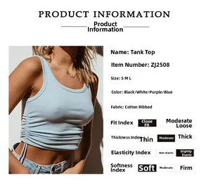 Detail of light blue ribbed tank top featuring side drawstring ruching and slim fit