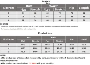 Gedetailleerde maattabel in cm en inches voor mouwloze geribbelde bodycon-jurk