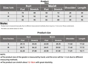Size chart detail for ribbed crop top showing measurements in cm and inches for S M L
