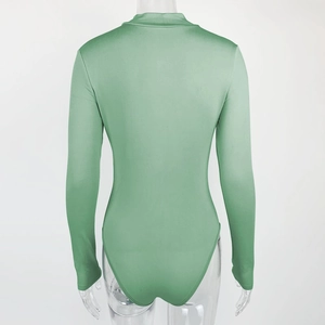 Rear view of bean green mock neck bodysuit with long sleeves and elastic fabric detail