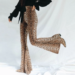 Women High Waisted Animal Print Flare Pants Stretchy Polyester Slim Fit Bell Bottom Trousers Fashion Leopard Pattern
