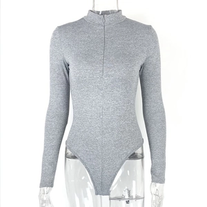 Close-up of mock neck and half-zipper on grey long-sleeved thermal bodysuit tops