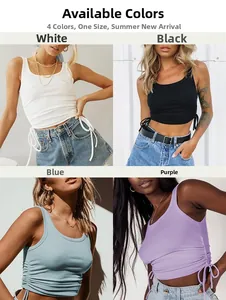 Detail of ribbed crop top featuring side adjustable drawstrings in four vibrant colors